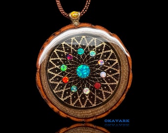 Multi opal gemstone pendant lasercut pendant wooden pendant nature jewelry rustic wedding anniversary jewelry resin necklace