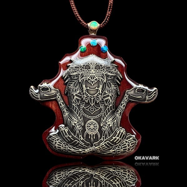 Meditating rafiki opal pendant - Okavark cedar  necklace - statement jewelry - wooden pendant - gemstone necklace - wood and resin spiritual