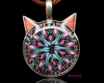 Kitten pendant necklace / intricate kaleidoscope clay pendant / bezel jewelry