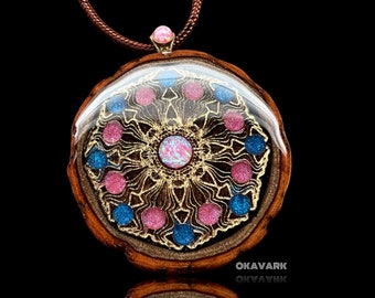 Mushroom mandala wooden pendant pinecone pendant lasercut  jewelry - wood and resin pendant - opal necklace