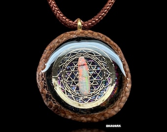 Sri Yantra Acorn Pendant with Opal - Handcrafted Spiritual Necklace resin pendant - Unique Sacred Geometry Gemstone Jewelry - dainty pendant