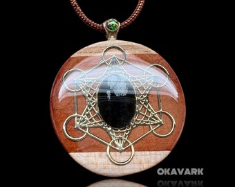 Okavark gold metatrons cube pendant - snowflake obsidian wooden resin pendant nature jewelry sacred geometry necklace gemstone jewelry resin