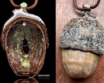 Giant Okavark acorn pendant - real insect necklace opal galaxy wood and resin nature jewelry anniversary