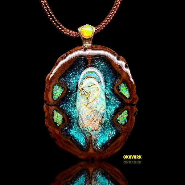 okavark walnut pendant opal pendant festival jewelry wood necklace anniversary nature resin pendant anniversary gift for her organic jewelry