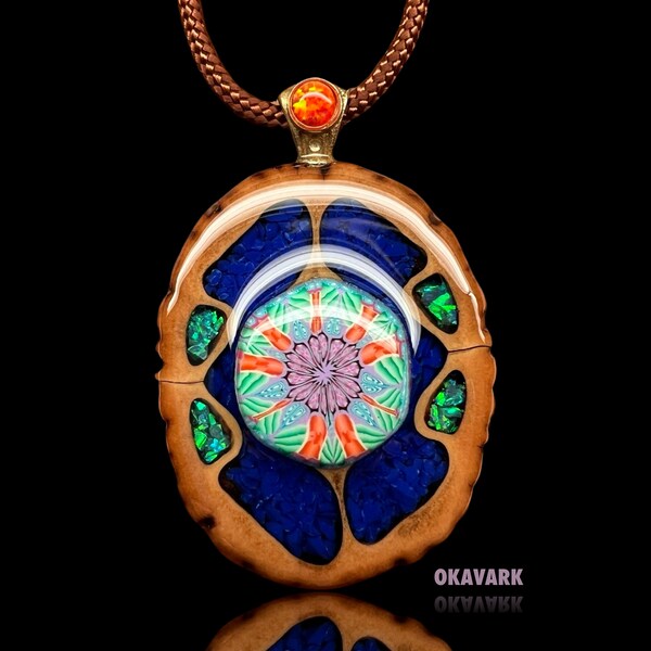 Kaleidoscope clay okavark walnut pendant natural wooden jewelry opal necklace wood and resin jewelry anniversary jewelry