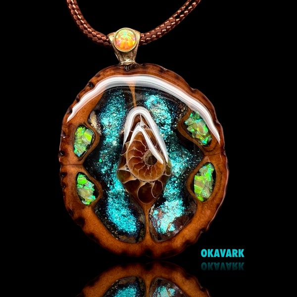 Ammonite fossil okavark walnut pendant natural wooden jewelry opal and Mohave turquoise necklace wood and resin jewelry anniversary jewelry