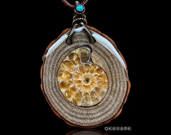 Natural ammonite fossil wirewrapped pendant - opal necklace wood and resin nature jewelry anniversary gift nature artisan organic jewelry