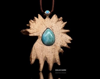 Okavark palo santo wooden larimar and opal nature jewelry gemstone pendant rustic wedding rustic anniversary jewelry festival pendant boho