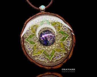 Okavark gold flower mandala wood and resin colorful festival boho rustic gift anniversary jewelry rustic wedding jewelry glass pendant