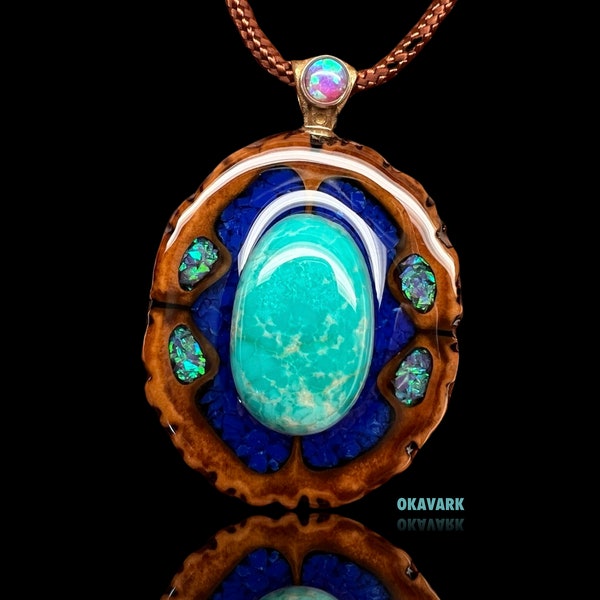 okavark walnut pendant turquoise opal gemstone necklace organic handmade jewelry anniversary nature resin pendant woodland anniversary gift