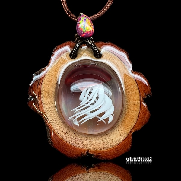 Wirewrapped glass jellyfish pendant wooden necklace spirit animal pendant nature jewelry wood and resin hippie jewelry rustic wedding