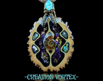 Handcrafted Walnut Ammonite Fossil Pendant – Opal Inlay Wood Jewelry, Adjustable Cord