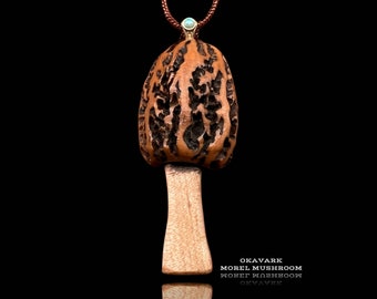 Handmade Morel Mushroom Pendant Necklace - Natural Wood Carved Jewelry with opal Accent - Unique Forest Inspired Artisan Craft curly maple