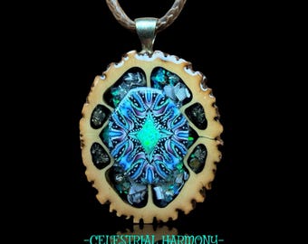 Black Walnut Mandala Pendant – UV Reactive Opal Clay Necklace, Handmade Wood Jewelry