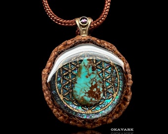 Okavark acorn pendant necklace turquoise  gemstone flower of life sacred geometry opal galaxy wood and resin nature jewelry anniversary gift