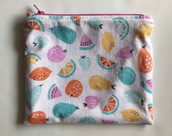 Small zipper pouch, Cheerful Fruit print, quilting cotton