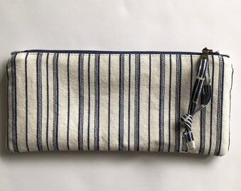 Stripe pencil zipper pouch in navy and cream denim, lined