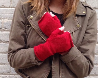 Fingerless Mittens all wool hand warmers in solid color red, 100% USA wool