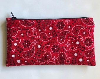 Small Red handkerchief print fabric pouch made from quilting cotton with a nylon zipper