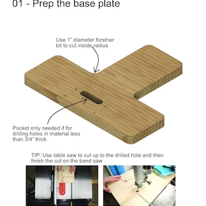 以下が含まれることがあります： ポケットホールジグのベースプレートの準備方法を示す図。ベースプレートは木でできており、中央に穴があります。画像のテキストは「DIY POCKET HOLE JIG BASE - PLANS 01 - ベースプレートの準備 1インチ径のフォスナービットを使用して内側の半径をカット ポケットは、3/4インチ未満の材料に穴を開ける場合にのみ必要です。ヒント：テーブルソーを使用して、ドリル穴までカットし、その後、バンドソーでカットを仕上げます。IMAKEJAKE.COM 4」です。