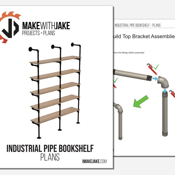 DIY Bookshelf Plans | Black Pipe Industrial Wall Shelves | Step by Step PDF Woodworking Plans | Build Pipe Shelves