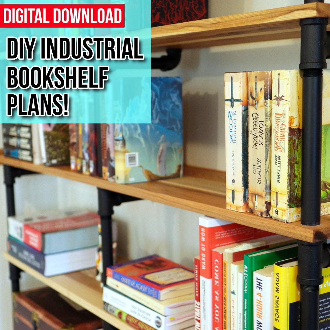 DIY Black Pipe Bookshelf Industrial Wall Shelves PDF Etsy