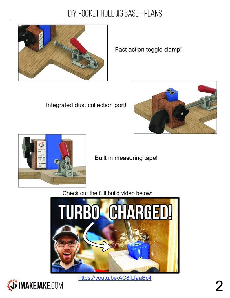 以下が含まれることがあります： DIYポケットホールジグベースの計画。トグルクランプ、ダストコレクションポート、メジャーテープが付いたジグのクローズアップ。画像には、「TURBO CHARGED！」というテキストとビデオへのリンクを含むYouTubeビデオのサムネイルも含まれています。