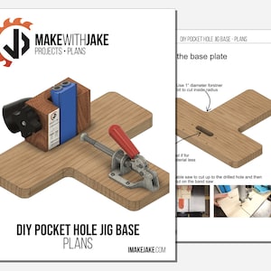 May include: DIY pocket hole jig base plans with a detailed illustration of the base plate, a close-up of the jig, and a step-by-step guide on how to cut the base plate using a jigsaw and a band saw. The plans are available on the website imakejake.com.