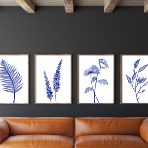 Hamptons Style Blue flower Line art INSTANT DIGITAL DOWNLOAD Wall Art Set Of 4 Prints Indigo  Blue minimalistic Wall Decor