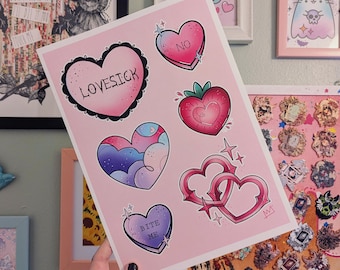 Valentines Tattoo Flash A4 Art Print