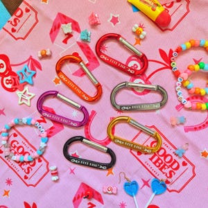 May include: A collection of colorful carabiner clips in red, orange, purple, silver, gold, and black, with the text "BITE RISE". The image also includes beaded bracelets, candy, and heart-shaped lollipops, all arranged on a pink patterned surface.