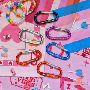 May include: A collection of six metal carabiners in black, silver, purple, blue, and orange, each engraved with the text BITE RISK. The set includes two colorful beaded bracelets, heart-shaped lollipop earrings, and small star-shaped hair clips.