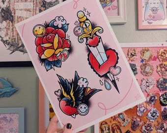 Traditional Tattoo Flash Art Print, Cute A4 Design