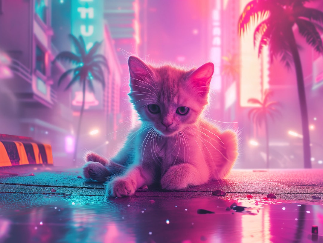 Cyberpunk Kitten Digital Art, Neon Cat Wallpaper, Futuristic Pet ...