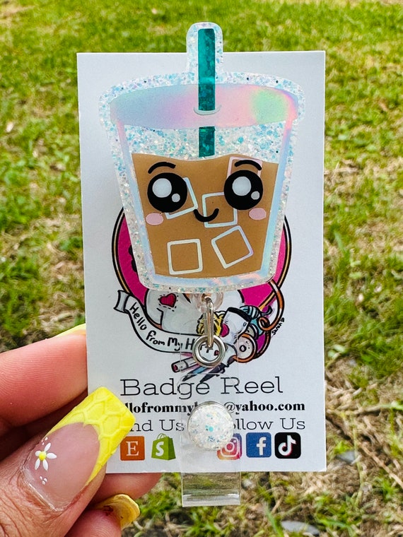 Iced Coffee Badge Reel, Glitter Badge Reel, Coffee, DD, Badge Reel