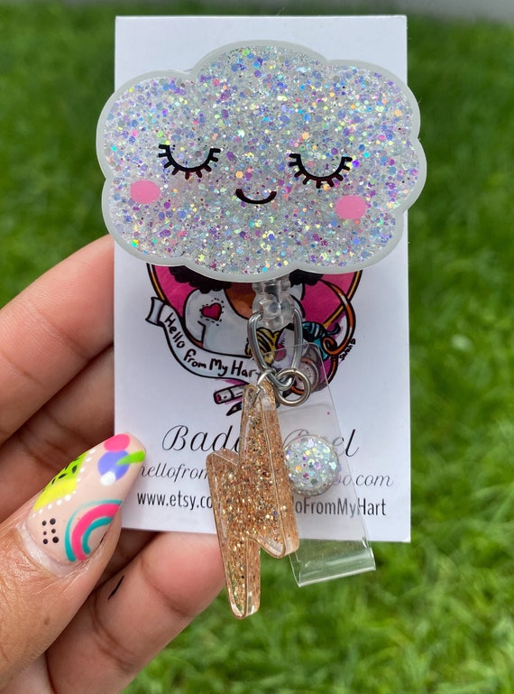 Happy Cloud Badge Reel, Glitter Badge Reel, Pediatric Badge Reel