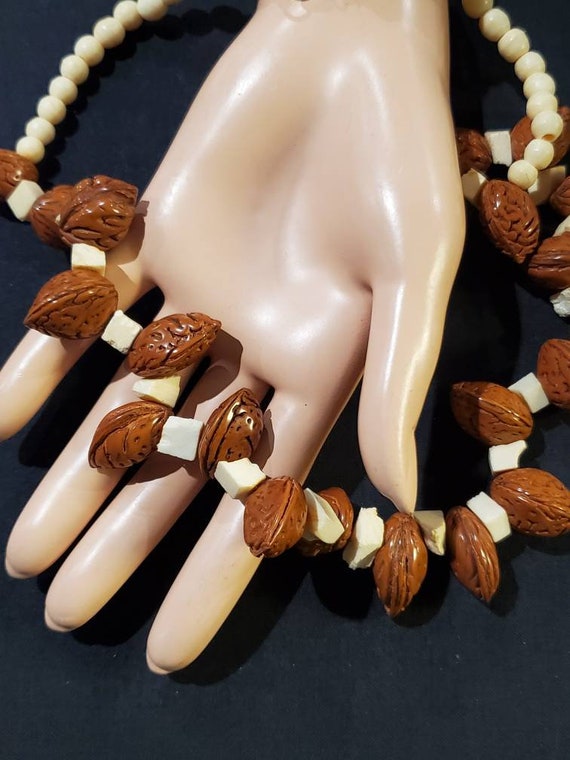 Unique Vintage Carved Bone And Polished Nut/Seed N