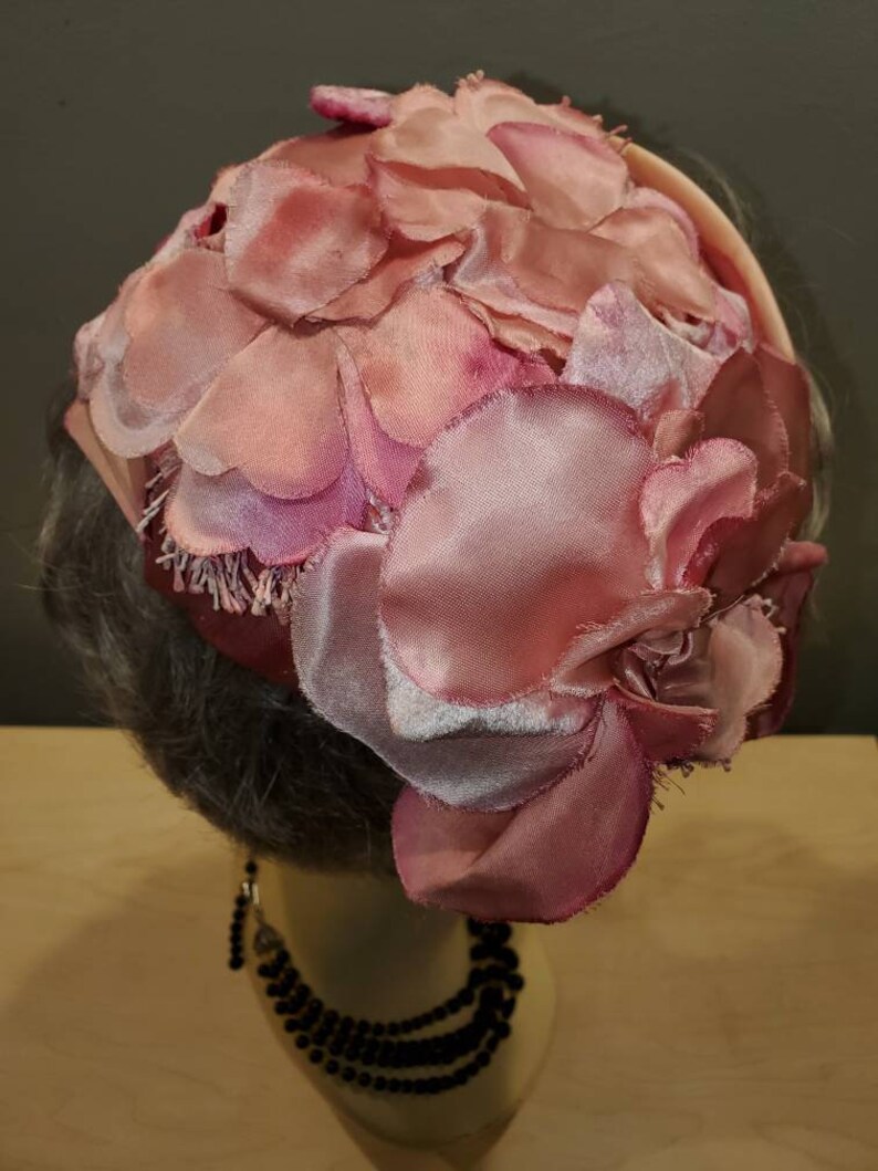 1950's Schiaparelli Pink Satin Floral Cocktail Hat... image 3