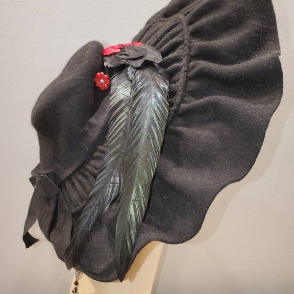 40's Wool Felt Ruffled Cartwheel Hat With Feather & Grosgrain Trim...