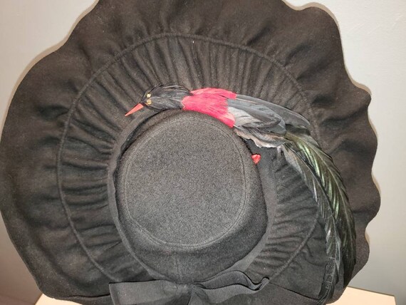 40's Wool Felt Ruffled Cartwheel Hat With Feather… - image 3