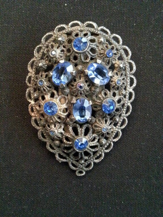 1930's Filigree Brass and Blue Czech Glass Dress Clip… Gem