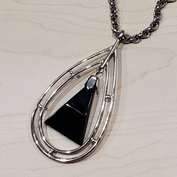 1970's  Sarah Coventry Silvertone & Black Lucite Open Work Pendant Necklace...