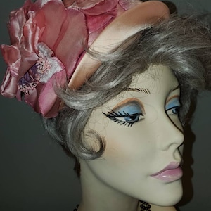 1950's Schiaparelli Pink Satin Floral Cocktail Hat... image 1