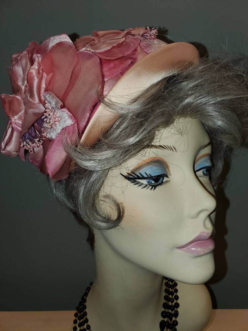 1950's Schiaparelli Pink Satin Floral Cocktail Hat... image 1