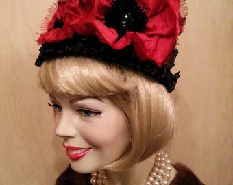 60's Black Textured Straw and Silk Flowered Bee Hive Hat...