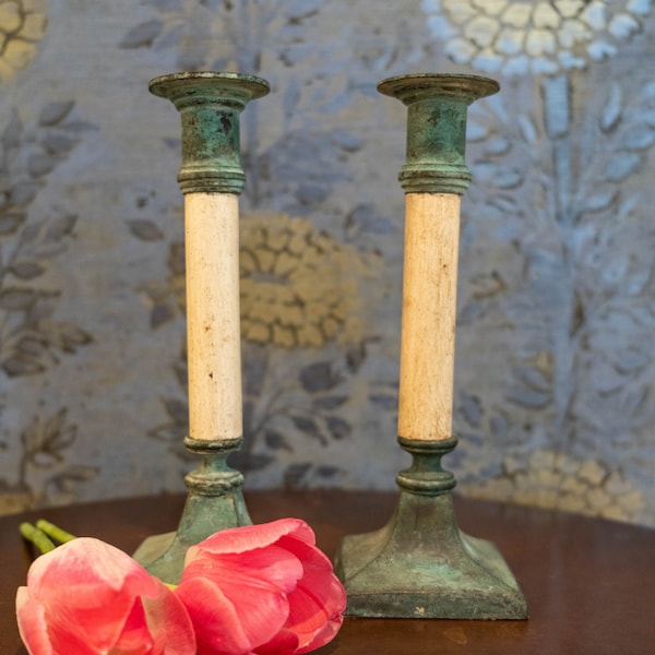 Set of Rustic Garden Vintage Patina Cottage Wood/Metal Home Decor Candleholders