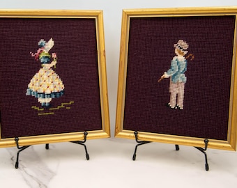 Vintage Male and Female Portrait Needlepoint Cottage and Home Décor Set of 2