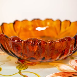 Large Amber Glass Footed Sunflower Bowl Serving Fruit Bowl Heavy