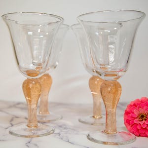 Vintage Set of 4 Pink Bubble Stem Wine Glasses | Vintage Peach Glassware | Barware | Christmas gift ideas | Water Goblets