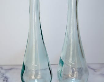 Green Glass Teardrop Bottle Vase Set - Spanish Decanter